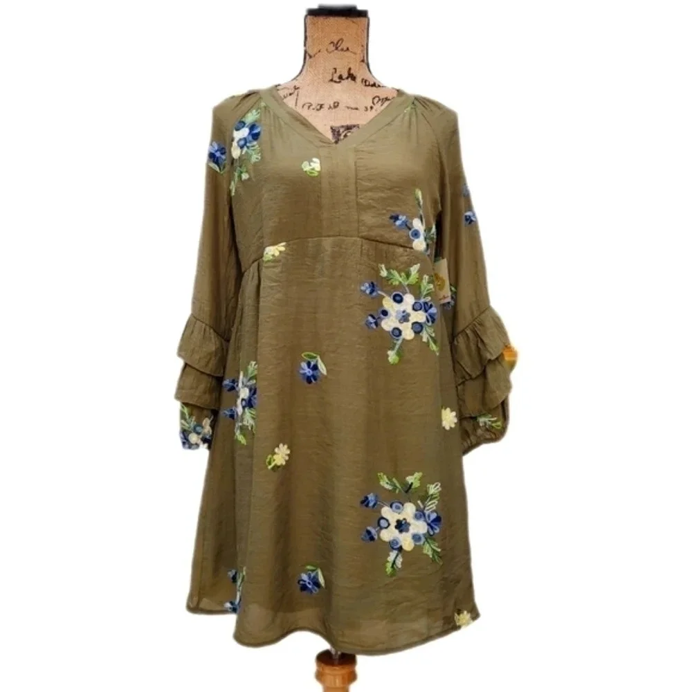 ANTHROPOLOGIE Fig and Flower,Olive Floral Dress, US Women's Medium NWT - Picture 2 of 10
